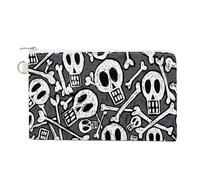 Soft Clutch Wallet, Canvas Zipper Makeup Bag Women Handbag Holder Purse for Bills Crash Credit Coin 7.4x4.6 in Print White Skulls And Bones Seamless On Grey