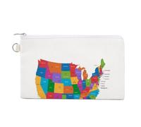 Soft Clutch Wallet, Canvas Zipper Makeup Bag Women Handbag Holder Purse for Bills Crash Credit Coin 7.4x4.6 in Print Colorful USA Map States and Capital Cities on White