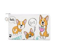 Soft Clutch Wallet, Women Handbag Canvas Zipper Makeup Bag Holder Purse for Credit Coin Bills Crash 7.4x4.6 in Print Cute Corgi Dogs Bones Hello Hug Me Sweet on White