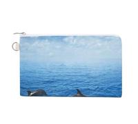 Soft Clutch Wallet, Women Handbag Canvas Zipper Makeup Bag Holder Purse for Credit Coin Bills Crash 7.4x4.6 in Print Marine Dolphins JumpingOf Blue Sea Water Sky Clouds