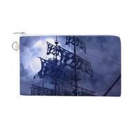Soft Clutch Wallet, Women Handbag Canvas Zipper Makeup Bag Holder Purse for Credit Coin Bills Crash 7.4x4.6 in Print Blue Sailing Pirate Ghost Ship on High Seas in a Moonlight Night