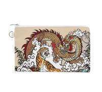 Soft Clutch Wallet, Women Handbag Canvas Zipper Makeup Bag Holder Purse for Credit Coin Bills Crash 7.4x4.6 in Print Chinese Dragon VS Tiger Waterfall