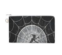 Soft Clutch Wallet, Women Handbag Canvas Zipper Makeup Bag Holder Purse for Credit Coin Bills Crash 7.4x4.6 in Print Retro Cobweb Spider Web Halloween Spooky Horror Witch Flying