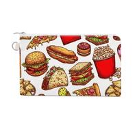 Soft Clutch Wallet, Women Handbag Canvas Zipper Makeup Bag Holder Purse for Credit Coin Bills Crash 7.4x4.6 in Print Burger, Hot Dog Pizza Slices Hamburger Sandwich Soda Donut on White