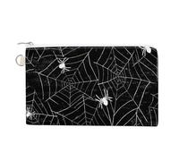 Soft Clutch Wallet, Women Handbag Canvas Zipper Makeup Bag Holder Purse for Credit Coin Bills Crash 7.4x4.6 in Print Retro Halloween Black White Spider Webs with White Spiders on Black