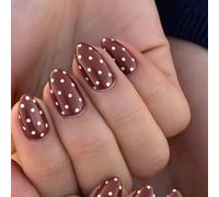 Soft Cocoa Brown Press-On Nails With White Polka Dots - 24PCS Almond Shape Artificial Nails For Everyday Wear And Stylish Occasions, Vintage Minimalist French Manicure Design, Glossy Finish, Easy