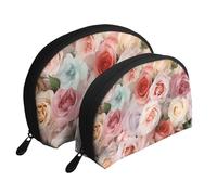 Soft Color Pale Faded Mix Of Roses Portable Shell Makeup Bag Set (2 Pieces), Zippered Travel Toiletry Bag For Cosmetics