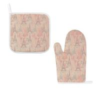 Soft Colors Eiffel Tower France Oven Mitts & Pot Holders Set - 2 Pcs Heat Resistant Oven Gloves with Hanging Loop, Kitchen Potholder for Cooking, Baking, BBQ, Microwave