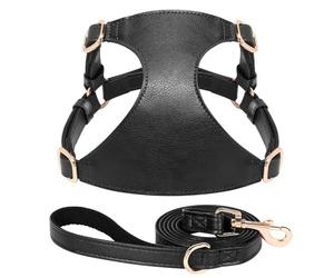 Soft Comfortable Adjustable No Pull PU Leather Dog Walking Training Harness Leash Set For Shiba Inu Chihuahua Pug Bulldog,Black,S