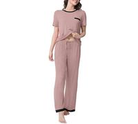 Soft Connection® Women’s Soft Viscose Blend Pyjama Set - Short Sleeve Top & Long Trousers with Pockets, Lightweight Stretchy Loungewear (UK, Alpha, XXL, Regular, Regular, Rosewood Blush)
