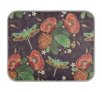 Soft Cooling Dog Mat, Ice Silk Pet Crate Pad with 3D Mesh, Washable Mattress Cushion Anti Slip Kennel 23.6x38.6 in Vintage Embroidery Red Poppies Peonies Green Dragonflies on Dark