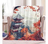 Soft Cosy Sherpa Blanket Japanese Temple Red Maple Leaves Oriental Charm Fleece Throw Blanket for Kids Adults Lightweight Fluffy Blanket Breathable Blanket for Sofa Bed Couch King 200 x 200 cm