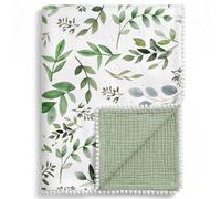 Soft Cotton Baby Blanket for Newborn with Pom-Pom Edge, 80x100 cm | Leaf Pattern, Soft Cotton with Muslin Cotton Backing, Newborn Blanket for Cot, Stroller & Moses Basket, Machine Washable