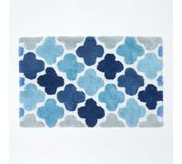 HOMESCAPES Super Absorbent Soft ‘Salcombe’ Blue, Grey and White 100% Cotton Bathmat with Geometric Pattern and Non Slip Latex Backing, 50 x 80 cm Large Shower Mat Machine Washable