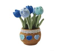 Soft Cotton Yarn Flower Pot 20cm Hand-Knitted Art(Blue) | Flexible steel-wire stems, safe rounded edges, bendable branches, custom shapes, DIY styling freedom
