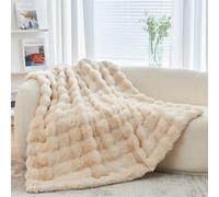 Soft Cozy Plush Faux Rabbit Fur Beige Throw Blanket, Decorative Boho Fluffy Blanket for Couch Bed Sofa Chair and Living Room, Luxury Fuzzy Fleece Winter Throw Blankets for Women Kids Men, 50x60''