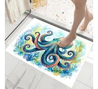 Soft Doormat Watercolor Marine Animals 40X60Cm Rug, Non Slip Absorbent Mats Microfiber Runner Carpet Dark Cyan Hand-Painted Octopus Coral, Washable Doormat For Indoor Corridor, Kitchen, Bathroom