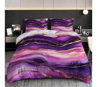 Soft Duvet Cover Set Double 79x79 inch, Purple Agate Marble 3PCS Bedding Sets with Zipper Closure, Gold Texture Soft Comfy Microfiber Double Quilt Cover with 2 Pillowcases for kids Adults