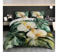 Soft Duvet Cover Set Double 79x79 inch, Watercolor Orchid Turtle Leaf 3PCS Bedding Sets with Zipper Closure, Green Soft Comfy Microfiber Double Quilt Cover with 2 Pillowcases for kids Adults
