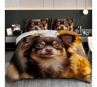 Soft Duvet Cover Set King 91x87 inch, Long-Haired Chihuahua Dog Pattern 3PCS Bedding Sets with Zipper Closure, Brown Soft Comfy Microfiber Double Quilt Cover with 2 Pillowcases for kids Adults