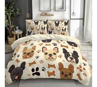 Soft Duvet Cover Set King Size, 3PCS Cream Comforter Cover Set, Double-Sided Microfiber French Bulldog Duvet Cover with Pillow Shams Bedding Set, With Zipper