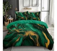 Soft Duvet Cover Set Small Double Size, 3PCS Comforter Cover Set, Double-Sided Microfiber Emerald Green And Gold Marble Duvet Cover with Pillow Shams Bedding Set, With Zipper