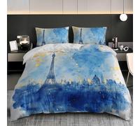 Soft Duvet Cover Set Super King 102x87 inch, Blue 3PCS Bedding Sets with Zipper Closure, Watercolor Parisian Architecture Soft Comfy Microfiber Double Quilt Cover with 2 Pillowcases for kids Adults