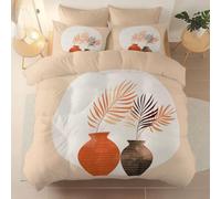 Soft Duvet Cover Set with Zipper Closure and 4 Corner Ties, Bohemian Leaves Geometric Vase Printing theme Reversible Design Bedding, Beige Brushed Microfiber Quilt Cover, Double Size 200 x 200 cm