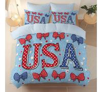Soft Duvet Cover Set With Zipper Closure And 4 Corner Ties, Clip Art, Cartoon Letters, Bow Printing Theme Reversible Design Bedding, Blue Brushed Microfiber Quilt Cover, 260 X 220 cm Size Super King