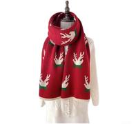 Soft elastic knitted scarf with reindeer design pattern, oversized length for multiple wrap styles, polyester fiber material and double sided seamless knitting (Red)