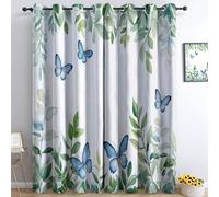 Soft Eyelet Blackout Curtains - Watercolor Plants Butterflies Print Design, Fully Lined Thermal & Noise-Reducing Panels, Easy-Glide Privacy Drapes for Any Room, Blue Green, W 66" x L 90" (2 Panels)