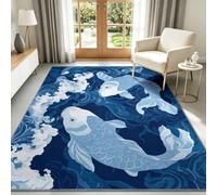 Soft Fish Oriental Rugs for Kids Bedside Bedroom, Aesthetic Decor, 80 x 150 cm Chinese Blue Waves Area Rug for Living Room Nursery - Modern Dorm Washable Non Slip Carpet