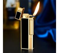 Soft Flame Metal Windproof Lighter Vintage Metal Butane Side Wheel Lighter Vertical Ignition Roller Suitable for Men's Gift (Classic Black Gold)