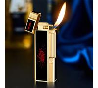 Soft Flame Metal Windproof Lighter Vintage Metal Butane Side Wheel Lighter Vertical Ignition Roller Suitable for Men's Gift (Black Red)