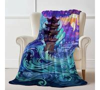 Soft Flannel blanket 100×130 cm, Oriental Waves Fantasy Architecture Printed Plush Cozy Flannel Lightweight Throw Purple Blanket for Bed Couch Chair Sofa Suitable for All Season