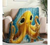 Soft Flannel Fleece Throw Blanket 100 x 130 cm - Cute Cartoon Octopus Illustration Cosy Anti-Pilling Printed Blankets for Bedroom Adults Kids Travel All-Season, Grayish Green