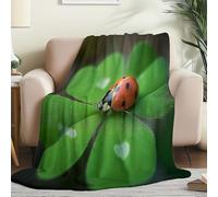 Soft Flannel Fleece Throw Blanket 100 x 130 cm - Minimalist Insect Ladybug Four-Leaf Clover Cosy Anti-Pilling Printed Blankets for Bedroom Adults Kids Travel All-Season, Dark Green
