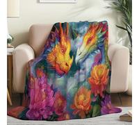 Soft Flannel Fleece Throw Blanket 100 x 140 cm - Mystical Traditional Dragon Flowers Cosy Anti-Pilling Printed Blankets for Bedroom Adults Kids Travel All-Season, Blue-Gray