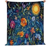 Soft Flannel Fleece Throw Blanket Dark Blue Purple - Cozy Lightweight Hand-Painted Folk Flowers Stars Printed Decorative Blanket, Skin-Friendly Washable for Couch Sofa Bed Living Room, 130 x 150 cm