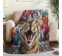 Soft Flannel Fleece Throw Blanket Gray Brown - Anti-Pilling Lightweight Cute Doodle Animal Cat Printed Decorative Blanket, Washable for Couch Sofa Bed Living Room All-Season, 150 x 200 cm