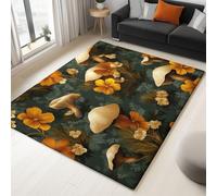 Soft Flannel Mat Rug Country Style Mushrooms Flowers 90 x 150 cm Non Slip Area Rug For Living Room Bedroom Kids Room, Dark Green Easy Clean Washable Carpet Mat