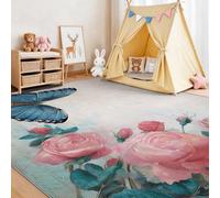 Soft Flannel Off-White Area Rug 120 x 160 cm, Machine Washable Non-Slip Vintage Style Butterfly Rose Printed Carpet - Floor Mat for Bedroom Kids Room Bedside Living Room Classical Elegance Study