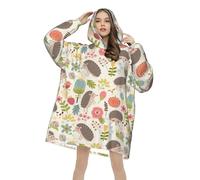 Soft Flannel Oversized Blanket Hoodie, Hedgehog Pattern Wearable Hoodie Throw with Hood and Pocket, Comfortable Winter Gift Idea