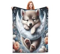 Soft Flannel Throw,Dog On Moon With Flowers Stars, Autumnal Floral Ghost Blanket,Horror Halloween Valentine'S Day Gift For Bed, Couch, Living Room, Bedroom 50"X40"