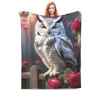 Soft Flannel Throw,Snowy Owl On Fence With Red Roses, Autumnal Floral Ghost Blanket,Horror Halloween Valentine'S Day Gift For Bed, Couch, Living Room, Bedroom 60"X50"