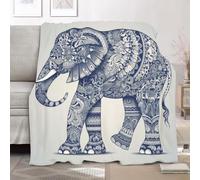 Soft Fleece Blanket for Sofa Settees Armchairs Throws King Size 180x200cm, Abstract Ethnic Style Elephant Fluffy Warm Blankets for Couch and Bed, Blue Lightweight Versatile Blanket for Adults