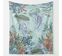 Soft Fleece Throw Blanket - 27in × 40in Cozy Flannel Plush Fluffy Throw Blanket for Sofa Bed Couch or Chair, Calm Ocean Jellyfish Turtle Coral Blue Green Marine Life Gift for Kids