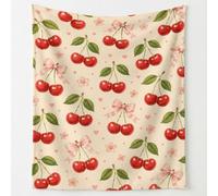 Soft Fleece Throw Blanket - 32in × 59in Cozy Flannel Plush Fluffy Throw Blanket for Sofa Bed Couch or Chair, Vintage Sweet Cherry Fruit Bow Pink Beige Romantic Gift for Kids