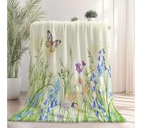 Soft Fleece Throw Blanket Beige, Watercolor Butterfly Wildflowers Spring Meadow Print design, Fluffy Warm Couch Blanket for Sofa and Bedspread, Lightweight Cosy Throws, 180×200 cm