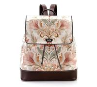Soft Floral Elements in Sage Green Beige and Warm Browns PU Leather Backpack Purse for Women, Fashion Ladies Travel Shoulder Bag Rucksack